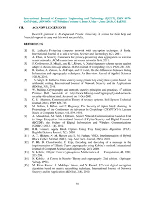 International Journal of Computer Engineering and Technology (IJCET), ISSN 0976-
6367(Print), ISSN 0976 – 6375(Online) Volume 4, Issue 3, May – June (2013), © IAEME
58
VII. ACKNOWLEDGEMENTS
Heartfelt gratitude to Al-Zaytoonah Private University of Jordan for their help and
financial support to carry out this work successfully.
REFERENCES
[1] K. Lakhtaria Protecting computer network with encryption technique: A Study.
International Journal of u- and e-service, Science and Technology 4(2), 2011.
[2] A. Chan, A Security framework for privacy-preserving data aggregation in wireless
sensor networks. ACM transactions on sensor networks 7(4), 2011.
[3] S. Goldwasser, S. Micali,, and R. L.Rivest, A Digital signature scheme secure against
adaptive chosen-message attacks, SIAM Journal of Computing 17(2), 1998, 281-308.
[4] B. Zaidan, A. Zaidan, A. Al-Frajat, and H. Jalab, On the differences between hiding
Information and cryptography techniques: An Overview. Journal of Applied Sciences
10(15), 2010.
[5] A. Singh, R. Gilhorta, Data security using private key encryption system based on
arithmetic coding. International Journal of Network Security and its Applications
(IJNSA), 3(3), 2011.
[6] W. Stalling, Cryptography and network security principles and practices, 4th
edition
Prentice Hall. Available at: http://www.filecrop.com/cryptography-and-network-
security-4th-edition.html, Accessed on 1-Oct-2011.
[7] C. E. Shannon, Communication Theory of secrecy systems. Bell System Technical
Journal, 28(4), 1949, 656-715.
[8] M. Bellare, J. Kilian, and P. Rogaway, The Security of cipher block chaining. In
Proceedings of the Conference on Advances in Cryptology (CRYPTO’94). Lecture
Notes in Computer Science, vol. 839, 1994.
[9] A. Abusukhon,, M. Talib, I. Ottoum, Secure Network Communication Based on Text
to Image Encryption. International Journal of Cyber-Security and Digital Forensics
(IJCSDF), the Society of Digital Information and Wireless Communications
(SDIWC) 2012. 1(4), 2012.
[10] R.H. Ismaeel, Apply Block Ciphers Using Tiny Encryption Algorithm (TEA).
Baghdad Science Journal, 7(2), 2010.
[11] A. T. Hishem, N. M. Hassen and E. M. Farhan, VHDL Implementation of Hybrid
Block Cipher Method (SRC). Eng. And Tech. Journal, 28(5), 2010.
[12] P. Bh, D. Chandravathi, P. Roja, Encoding and decoding of a message in the
implementation of Elliptic Curve cryptography using Koblitz’s method. International
Journal of Computer Science and Engineering, 2(5), 2010.
[13] N. Koblitz, Elliptic Curve cryptosystems, Mathematics of Computation, 48, 1987,
203-209.
[14] N. Koblitz A Course in Number Theory and cryptography. 2'nd edition. (Springer-
Verlag, 1994).
[15] M. Kiran Kumar, S. Mukthyar Azam, and S. Rasool, Efficient digital encryption
algorithm based on matrix scrambling technique. International Journal of Network
Security and its Applications (IJNSA), 2(4), 2010.
 