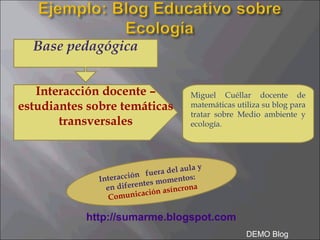 DEMO Blog
http://sumarme.blogspot.com
Interacción fuera del aula y
en diferentes momentos:
Comunicación asíncrona
Base pedagógica
Interacción docente –
estudiantes sobre temáticas
transversales
Miguel Cuéllar docente de
matemáticas utiliza su blog para
tratar sobre Medio ambiente y
ecología.
 