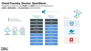 Customer Managed
Service Provider Managed
Cloud Foundry. Docker. OpenStack.
Capabilities in Bluemix span PaaS and IaaS and can be delivered as a
public, dedicated, or on-premises implementation.
Infrastructure as
a Service
Code
Data
Runtime
Middleware
OS
Virtualization
Servers
Storage
Networking
Code
Data
Runtime
Middleware
OS
Virtualization
Servers
Storage
Networking
Platform as  
a Service Built on
technologies:
 