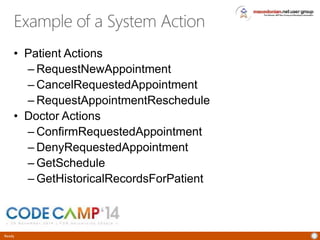 Example of a System Action 
• Patient Actions 
Ready 
– RequestNewAppointment 
– CancelRequestedAppointment 
– RequestAppointmentReschedule 
• Doctor Actions 
– ConfirmRequestedAppointment 
– DenyRequestedAppointment 
– GetSchedule 
– GetHistoricalRecordsForPatient 
 