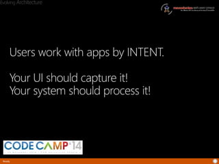 Evolving Architecture 
Users work with apps by INTENT. 
Your UI should capture it! 
Your system should process it! 
Ready 
 