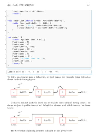 3.3. DATA STRUCTURES 441
31 last -> nextPtr = childNode ;
return;
33 }
35 void printList (struct myNode *currentNodePtr ) {
while (currentNodePtr != NULL ) {
37 printf(" %d ", currentNodePtr ->data );
currentNodePtr = currentNodePtr ->nextPtr;
39 }
}
41
int main () {
43 struct myNode* head = NULL ;
Push (& head , 7);
45 Push (& head , 1);
Append (&head , -15);
47 Push (& head , 10);
Append (&head , -45);
49 Push (& head , 7);
Push (& head , -5);
51 printf("Linked list is: ");
printList (head );
53 return 0;
}
✌
✆
✞
Linked list is: -5 7 10 1 7 -15 -45
✌
✆
To delete an element from a linked list, we just bypass the elements being deleted as
shown in the following figures.
4
0×042a
0×1225 7
0×1225
0×a22c 9
0×a22c
0×a2cc
myP
NULL
We have a link list as shown above and we want to delete element having value 7. To
do so, we just skip this element and linked first element with third element. as shown
below:
4
0×042a
0×a22c 7
0×1225
0×a22c 9
0×a22c
0×a2cc
myP
NULL
The C code for appending elements in linked list are given below:
 