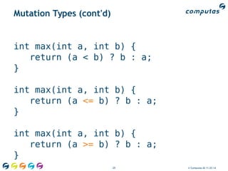29 © Computas AS 11.03.14
Mutation Types (cont'd)
int max(int a, int b) {
return (a < b) ? b : a;
}
int max(int a, int b) {
return (a <= b) ? b : a;
}
int max(int a, int b) {
return (a >= b) ? b : a;
}
 