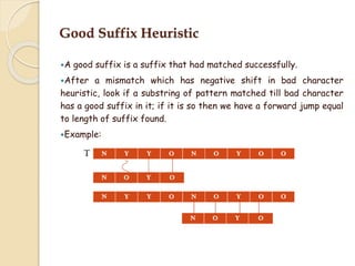 Good Suffix Heuristic
A good suffix is a suffix that had matched successfully.
After a mismatch which has negative shift in bad character
heuristic, look if a substring of pattern matched till bad character
has a good suffix in it; if it is so then we have a forward jump equal
to length of suffix found.
Example:
 
