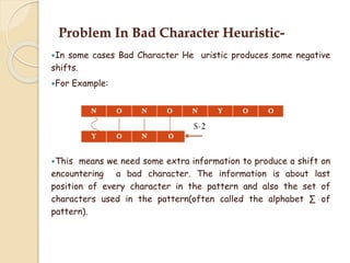 Problem In Bad Character Heuristic-
In some cases Bad Character He uristic produces some negative
shifts.
For Example:
This means we need some extra information to produce a shift on
encountering a bad character. The information is about last
position of every character in the pattern and also the set of
characters used in the pattern(often called the alphabet ∑ of
pattern).
 
