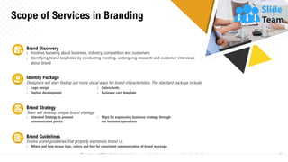 Scope of Services in Branding
5
Brand Discovery
› Involves knowing about business, industry, competition and customers
› Identifying brand loopholes by conducting meeting, undergoing research and customer interviews
about brand
Identity Package
Designers will start finding out more visual ways for brand characteristics. The standard package include
› Logo design
› Tagline development
› Colors/fonts
› Business card template
Brand Strategy
Team will develop unique brand strategy
› Intended Strategy to present
communicated points
› Ways for expressing business strategy through
out business operations
Brand Guidelines
Evolve brand guidelines that properly expresses brand i.e.
› Where and how to use logo, colors and font for consistent communication of brand message
This slide is 100% editable. Adapt it to your needs and capture your audience's attention.
 