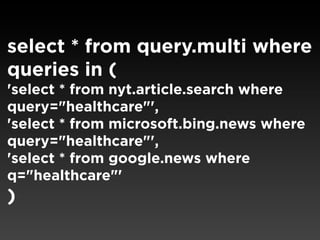 select * from query.multi where
queries in (
'select * from nyt.article.search where
query="healthcare"',
'select * from microsoft.bing.news where
query="healthcare"',
'select * from google.news where
q="healthcare"'
)
 