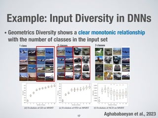 Example: Input Diversity in DNNs
• Geometrics Diversity shows a clear monotonic relationship
with the number of classes in the input set
17
11
(a) Evolution of GD on Cifar-10 (b) Evolution of STD on Cifar-10 (c) Evolution of NCD on Cifar-10
(d) Evolution of GD on MNIST (e) Evolution of STD on MNIST (f) Evolution of NCD on MNIST
Figure 8: Evolution of the diversity scores for input sets from Cifar-10 and MNIST. Each boxplot shows the distribution of
diversity scores of 20 input sets of size 100.
This article has been accepted for publication in IEEE Transactions on Software Engineering. This is the author's version which has not been fully edited and
content may change prior to final publication. Citation information: DOI 10.1109/TSE.2023.3243522
Aghababaeyan et al., 2023
 