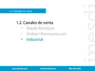 1.2. Canales de venta

1.2. Canales de venta
• Retail/ BricStore
• Online/ Bricmania.com
• Industrial

www.inesdi.com

info@inesdi.com

902-501-603

 