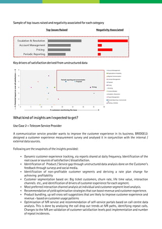 Sample of top issues raised and negativity associated for each category
Key drivers of satisfaction derived from unstructured data
What kind of insights am I expected to get?
Use Case 2 – Telecom Service Provider
A communication service provider wants to improve the customer experience in its business. BRIDGEi2i
designed a customer experience measurement survey and analysed it in conjunction with the internal /
external data sources.
Following are the snapshots of the insights provided:
 Dynamic customer experience tracking, via reports shared at daily frequency. Identification of the
root cause or sources of satisfaction / dissatisfaction.
 Identification of Product / Service gap through unstructured data analysis done on the Customer's
feedback through surveys and social media.
 Identification of non-profitable customer segments and deriving a rate plan change for
achieving profitability
 Customer segmentation based on: Big ticket customers, churn rate, life time value, interaction
channels etc., and identification of drivers of customer experience for each segment.
 Most preferred interaction channel analysis at individual and customer segment level analysis.
 Recommendation of yield optimisation strategies that can boost revenue and customer experience.
 Product bundling, up sell cross sell suggestions that are likely to improve customer experience and
revenue - based on customer usage patterns
 Optimisation of IVR service and recommendation of self-service portals based on call centre data
analysis. This is done by analysing the call drop out trends at IVR paths, identifying repeat calls.
Changes to the IVR are validation of customer satisfaction levels post implementation and number
of repeat incidences.
 