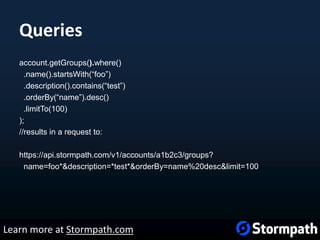 Queries
account.getGroups().where()
.name().startsWith(“foo”)
.description().contains(“test”)
.orderBy(“name”).desc()
.limitTo(100)
);
//results in a request to:
https://api.stormpath.com/v1/accounts/a1b2c3/groups?
name=foo*&description=*test*&orderBy=name%20desc&limit=100
Learn more at Stormpath.com
 