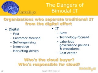 The Dangers of 
Bimodal IT 
Organizations who separate traditional IT 
• Digital 
from the digital effort 
– Fast 
– Customer-focused 
– Self-organizing 
– Innovative 
– Marketing-driven 
• IT 
– Slow 
– Technology-focused 
– Laborious 
governance policies 
& procedures 
– Cost center 
Who’s the cloud buyer? 
Who’s responsible for cloud? 
Copyright 15 © 2014, Intellyx, LLC 
 