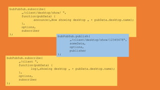 bubPubSub.subscribe(
         „/client/desktop/show/ “,
         function(pubData) {
                announce(„Now showing desktop „ + pubData.desktop.name);
         },
         options,
         subscriber
  );
                             bubPubSub.publish(
                                    „/client/desktop/show/12345678“,
                                    someData,
                                    options,
                                    publisher
                             );
bubPubSub.subscribe(
       „/client “,
       function(pubData) {
              log(„showing desktop „ + pubData.desktop.name);
       },
       options,
       subscriber
);
 