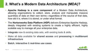 Page 10 © Hortonworks Inc. 2011 – 2014. All Rights Reserved
2. What’s a Modern Data Architecture (MDA)?
•  Apache Hadoop is a core component of a Modern Data Architecture,
allowing organizations to collect, store, analyze and manipulate massive
quantities of data on their own terms—regardless of the source of that data,
how old it is, where it is stored, or under what format.
•  The Hortonworks Data Platform (HDP) delivers Enterprise Apache Hadoop,
deeply integrated with existing systems to create a highly efficient, highly
scalable way to manage all your enterprise data.
•  Integrate new & existing data sets, with existing tools & skills.
•  Make all data available for shared access and processing in multitenant
infrastructure
•  Batch, interactive & real-time use cases
 