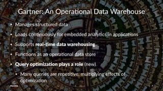 Gartner: An Opera,onal Data Warehouse
• Manages structured data
• Loads con0nuously for embedded analy0cs in applica0ons
• Supports real-&me data warehousing
• Func0ons as an opera0onal data store
• Query op&miza&on plays a role (new)
• Many queries are repe00ve, mul0plying eﬀects of
op0miza0on
MemSQL 7
 