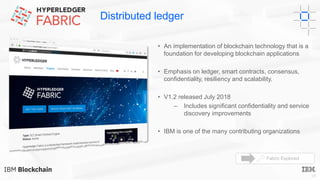 10
Distributed ledger
• An implementation of blockchain technology that is a
foundation for developing blockchain applications
• Emphasis on ledger, smart contracts, consensus,
confidentiality, resiliency and scalability.
• V1.2 released July 2018
– Includes significant confidentiality and service
discovery improvements
• IBM is one of the many contributing organizations
Fabric Explored
 