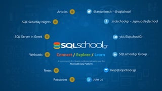 A community for Greek professionals who use the
Microsoft Data Platform
Connect / Explore / Learn
@antoniosch - @sqlschool
./sqlschoolgr - ./groups/sqlschool
yt/c/SqlschoolGr
SQLschool.gr Group
help@sqlschool.gr
Join us
Articles
SQL Saturday Nights
SQL Server in Greek
Webcasts
News
Resources
 