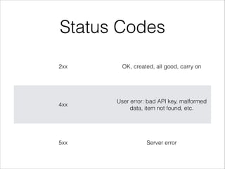 Status Codes
2xx

OK, created, all good, carry on

4xx

User error: bad API key, malformed
data, item not found, etc.

5xx

Server error

 