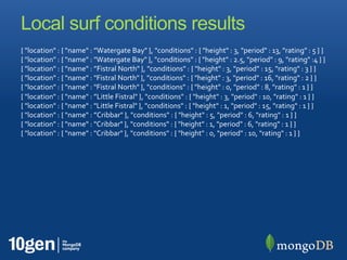 Local surf conditions results
{ "location" : { "name" : ”Watergate Bay" }, "conditions" : { "height" : 3, "period" : 13, "rating" : 5 } }
{ "location" : { "name" : "Watergate Bay" }, "conditions" : { "height" : 2.5, "period" : 9, "rating" :4 } }
{ "location" : { "name" : ”Fistral North" }, "conditions" : { "height" : 3, "period" : 15, "rating" : 3 } }
{ "location" : { "name" : "Fistral North" }, "conditions" : { "height" : 3, "period" : 16, "rating" : 2 } }
{ "location" : { "name" : "Fistral North" }, "conditions" : { "height" : 0, "period" : 8, "rating" : 1 } }
{ "location" : { "name" : ”Little Fistral" }, "conditions" : { "height" : 3, "period" : 10, "rating" : 1 } }
{ "location" : { "name" : "Little Fistral" }, "conditions" : { "height" : 1, "period" : 15, "rating" : 1 } }
{ "location" : { "name" : ”Cribbar" }, "conditions" : { "height" : 5, "period" : 6, "rating" : 1 } }
{ "location" : { "name" : "Cribbar" }, "conditions" : { "height" : 1, "period" : 6, "rating" : 1 } }
{ "location" : { "name" : "Cribbar" }, "conditions" : { "height" : 0, "period" : 10, "rating" : 1 } }
 