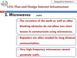 LO1: Plan and Design Internet Infrastructure
Equipped by Abenezer A.
2. Microwaves cont’d
 The curvature of the earth as well as other
blocking obstacles do not allow two short
towers to communicate using microwaves.
 Repeaters are often needed for long distance
communication.
 Very high frequency microwaves cannot
penetrate walls.
68
 