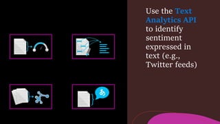 Use the Text
Analytics API
to identify
sentiment
expressed in
text (e.g.,
Twitter feeds)
Language DetectionTopic Detection
Key Phrase ExtractionSentiment Analysis
 