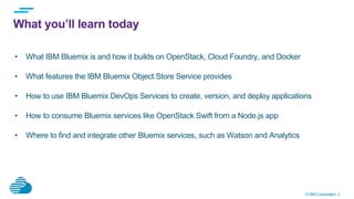 © IBM Corporation 2
What you’ll learn today
•  What IBM Bluemix is and how it builds on OpenStack, Cloud Foundry, and Docker
•  What features the IBM Bluemix Object Store Service provides
•  How to use IBM Bluemix DevOps Services to create, version, and deploy applications
•  How to consume Bluemix services like OpenStack Swift from a Node.js app
•  Where to find and integrate other Bluemix services, such as Watson and Analytics
 