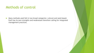 Methods of control
 Many methods used fall in two broad categories: cultural and seed-based.
Each has its own strengths and weaknesses therefore calling for integrated
management practices.
 