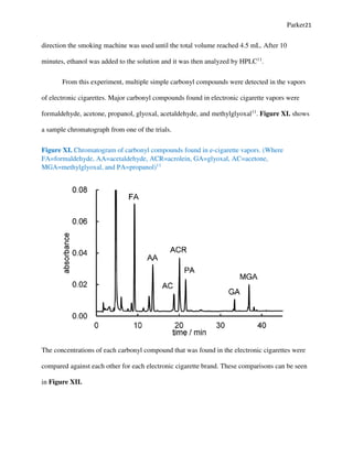Parker21
direction the smoking machine was used until the total volume reached 4.5 mL. After 10
minutes, ethanol was added to the solution and it was then analyzed by HPLC11
.
From this experiment, multiple simple carbonyl compounds were detected in the vapors
of electronic cigarettes. Major carbonyl compounds found in electronic cigarette vapors were
formaldehyde, acetone, propanol, glyoxal, acetaldehyde, and methylglyoxal11
. Figure XI. shows
a sample chromatograph from one of the trials.
Figure XI. Chromatogram of carbonyl compounds found in e-cigarette vapors. (Where
FA=formaldehyde, AA=acetaldehyde, ACR=acrolein, GA=glyoxal, AC=acetone,
MGA=methylglyoxal, and PA=propanol)11
The concentrations of each carbonyl compound that was found in the electronic cigarettes were
compared against each other for each electronic cigarette brand. These comparisons can be seen
in Figure XII.
 