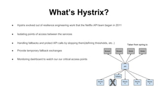What’s Hystrix?
● Hystrix evolved out of resilience engineering work that the Netflix API team began in 2011
● Isolating points of access between the services
● Handling fallbacks and protect API calls by stopping them(defining thresholds, etc..)
● Provide temporary fallback exchanges
● Monitoring dashboard to watch our our critical access points
Taken from spring.io:
 