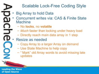 Scalable Lock-Free Coding Style
• Big Array to hold Data
• Concurrent writes via: CAS & Finite State
Machine
– No locks, no volatile
– Much faster than locking under heavy load
– Directly reach main data array in 1 step
• Resize as needed
– Copy Array to a larger Array on demand
– Use State Machine to help copy
– “ Mark” old Array words to avoid missing late
updates
 