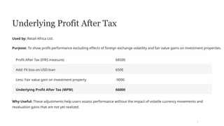 Underlying Profit After Tax
Used by: Retail Africa Ltd.
Purpose: To show profit performance excluding effects of foreign exchange volatility and fair value gains on investment properties.
Profit After Tax (IFRS measure) 68500
Add: FX loss on USD loan 6500
Less: Fair value gain on investment property -9000
Underlying Profit After Tax (MPM) 66000
Why Useful: These adjustments help users assess performance without the impact of volatile currency movements and
revaluation gains that are not yet realized.
 