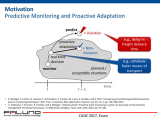Motivation
Predictive Monitoring and Proactive Adaptation
3CAiSE 2017, Essen
monitor
predict
real-time
decision
proactive
adaptation
time
t t + 
planned /
acceptable situations
= Violation
= Non-
Violation

• A. Metzger, P. Leitner, D. Ivanovic, E. Schmieders, R. Franklin, M. Carro, S. Dustdar, and K. Pohl, “Comparing and combining predictive business
process monitoring techniques,” IEEE Trans. on Systems Man Cybernetics: Systems, vol. 45, no. 2, pp. 276–290, 2015.
• Z. Feldmann, F. Fournier, R. Franklin, and A. Metzger, “Industry article: Proactive event processing in action: A case study on the proactive
management of transport processes,” in DEBS 2013, Arlington, Texas, USA, ACM, 2013, pp. 97–106.
e.g., delay in
freight delivery
time
e.g., schedule
faster means of
transport
 