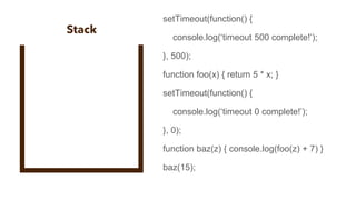 setTimeout(function() {
console.log(‘timeout 500 complete!’);
}, 500);
function foo(x) { return 5 * x; }
setTimeout(function() {
console.log(‘timeout 0 complete!’);
}, 0);
function baz(z) { console.log(foo(z) + 7) }
baz(15);
 