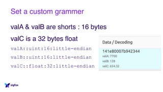 Set a custom grammer
valA & valB are shorts : 16 bytes
valC is a 32 bytes float
valA::uint:16:little-endian
valB::uint:16:little-endian
valC::float:32:little-endian
 