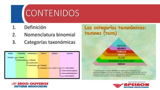 CONTENIDOS
1. Definición
2. Nomenclatura binomial
3. Categorías taxonómicas
 