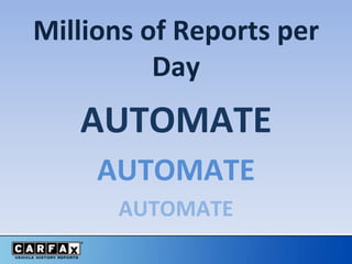Millions of Reports per
Day
AUTOMATE
AUTOMATE
AUTOMATE
 