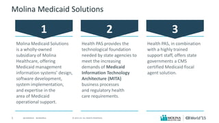 5 © 2015 CA. ALL RIGHTS RESERVED.@CAWORLD #CAWORLD
Molina Medicaid Solutions
Molina Medicaid Solutions
is a wholly-owned
subsidiary of Molina
Healthcare, offering
Medicaid management
information systems’ design,
software development,
system implementation,
and expertise in the
area of Medicaid
operational support.
1
Health PAS provides the
technological foundation
needed by state agencies to
meet the increasing
demands of Medicaid
Information Technology
Architecture (MITA)
business processes
and regulatory health
care requirements.
2
Health PAS, in combination
with a highly trained
support staff, offers state
governments a CMS
certified Medicaid fiscal
agent solution.
3
 