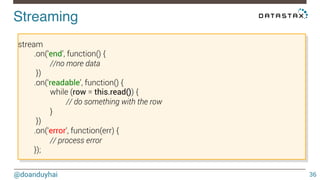 Streaming! 
@doanduyhai 
36 
var query = ‘’SELECT * FROM sensor_data‘’; 
var stream = client.stream(query, [ ], {autoPage: true}); 
Default fetchSize = 5000 
 