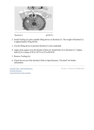 Illustration 4 g03202721
2. Install Tooling (A) and a suitable lifting device on flywheel (1). The weight of flywheel (1)
is approximately 30 kg (66 lb).
3. Use the lifting device to position flywheel (1) onto crankshaft.
4. Apply clean engine oil to the threads of bolts (2). Install bolts (2) to flywheel (1). Tighten
bolts (2) to a torque of 98 to 107 N·m (72 to 80 lb ft).
5. Remove Tooling (A).
6. Check the run out of the flywheel. Refer to Specifications, "Flywheel" for further
information.
Copyright 1993 - 2020 Caterpillar Inc.
All Rights Reserved.
Private Network For SIS Licensees.
Sat Jan 11 16:09:03 UTC+0800 2020
4/4
308E2 Mini Hydraulic Excavator F8C00001-UP (MACHINE) POWERED BY C3.3B ...
2020/1/11
https://127.0.0.1/sisweb/sisweb/techdoc/techdoc_print_page.jsp?returnurl=/sis...
 