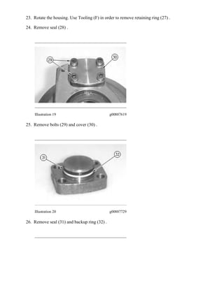 23. Rotate the housing. Use Tooling (F) in order to remove retaining ring (27) .
24. Remove seal (28) .
Illustration 19 g00887619
25. Remove bolts (29) and cover (30) .
Illustration 20 g00887729
26. Remove seal (31) and backup ring (32) .
10/11
324E & 324E L Excavators JCZ00001-UP (MACHINE) POWERED BY C7.1 Engi...
2020/7/24
https://127.0.0.1/sisweb/sisweb/techdoc/techdoc_print_page.jsp?returnurl=/sis...
 