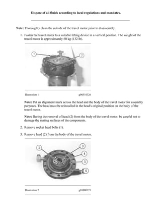 Dispose of all fluids according to local regulations and mandates.
Note: Thoroughly clean the outside of the travel motor prior to disassembly.
1. Fasten the travel motor to a suitable lifting device in a vertical position. The weight of the
travel motor is approximately 60 kg (132 lb).
Illustration 1 g00510326
Note: Put an alignment mark across the head and the body of the travel motor for assembly
purposes. The head must be reinstalled in the head's original position on the body of the
travel motor.
Note: During the removal of head (2) from the body of the travel motor, be careful not to
damage the mating surfaces of the components.
2. Remove socket head bolts (1).
3. Remove head (2) from the body of the travel motor.
Illustration 2 g01000121
2/9
325F L Excavators XAA00001-UP (MACHINE) POWERED BY C4.4 Engine(SEBP7...
2020/6/12
https://127.0.0.1/sisweb/sisweb/techdoc/techdoc_print_page.jsp?returnurl=/sis...
 