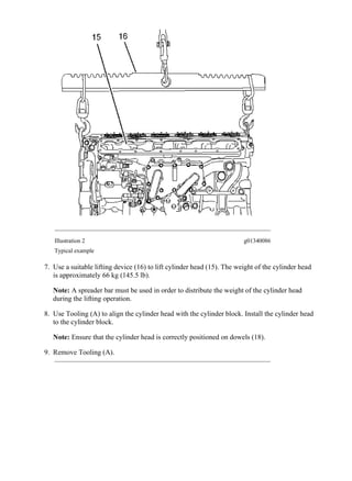 Illustration 2 g01340086
Typical example
7. Use a suitable lifting device (16) to lift cylinder head (15). The weight of the cylinder head
is approximately 66 kg (145.5 lb).
Note: A spreader bar must be used in order to distribute the weight of the cylinder head
during the lifting operation.
8. Use Tooling (A) to align the cylinder head with the cylinder block. Install the cylinder head
to the cylinder block.
Note: Ensure that the cylinder head is correctly positioned on dowels (18).
9. Remove Tooling (A).
3/9
938H Wheel Loader JKM00001-UP (MACHINE) POWERED BY C6.6 Engine(SEBP...
2020/5/7
https://127.0.0.1/sisweb/sisweb/techdoc/techdoc_print_page.jsp?returnurl=/sisw...
 