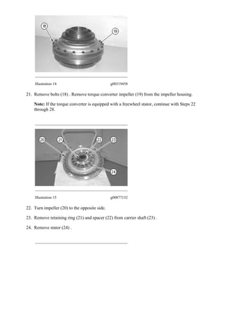Illustration 14 g00319458
21. Remove bolts (18) . Remove torque converter impeller (19) from the impeller housing.
Note: If the torque converter is equipped with a freewheel stator, continue with Steps 22
through 28.
Illustration 15 g00877132
22. Turn impeller (20) to the opposite side.
23. Remove retaining ring (21) and spacer (22) from carrier shaft (23) .
24. Remove stator (24) .
7/13
962G Wheel Loader 5AS00001-UP (MACHINE) POWERED BY 3126 Engine(SEBP...
2020/3/28
https://127.0.0.1/sisweb/sisweb/techdoc/techdoc_print_page.jsp?returnurl=/sis...
 