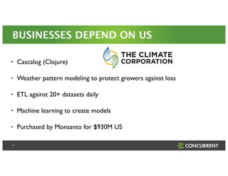 BUSINESSES DEPEND ON US 
• Cascalog (Clojure)! 
• Weather pattern modeling to protect growers against loss! 
• ETL against 20+ datasets daily! 
• Machine learning to create models! 
• Purchased by Monsanto for $930M US 
14 
 