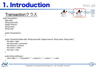 Copyright © Acroquest Technology Co., Ltd. All rights reserved.
#ccc_g3
Transaction
14
class Transaction {
Date date;
String accountId;
Integer amount;
String name;
String note;
public Transaction() {
}
public Transaction(Date date, String accountId, Integer amount, String name, String note) {
this.date = date;
this.accountId = accountId;
this.amount = amount;
this.name = name;
this.note = note;
}
public String toString() {
return date + " " + accountId + " " + amount + " " + name + " " + note;
}
}
CSV
 