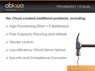 Virtualization 1.0 Issues
Revolutionary Cloud Management




The Cloud created additional problems, including:

 High Provisioning Effort = IT Bottleneck

 Poor Capacity Planning and Utilization

 Vendor Lock-In

 Low-efficiency Virtual Server Sprawl

 Security and Compliance Concerns
 