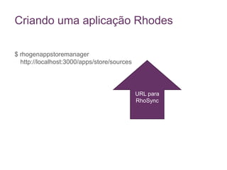 Criando uma aplicação Rhodes$ rhogenappstoremanager http://localhost:3000/apps/store/sourcesURL para RhoSync
