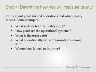 Think about program and operations and what quality
means. Some examples:
      What metrics tell the quality story?
      How good are the operational systems?
      What is the error rate?
      What operationally is the organization’s strong
       suit?
      Where does it need to improve?
 