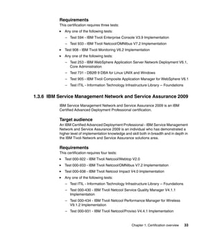 Requirements
          This certification requires three tests:
             Any one of the following tests:
             – Test 594 - IBM Tivoli Enterprise Console V3.9 Implementation
             – Test 933 - IBM Tivoli Netcool/OMNIbus V7.2 Implementation
             Test 908 - IBM Tivoli Monitoring V6.2 Implementation
             Any one of the following tests:
             – Test 253 - IBM WebSphere Application Server Network Deployment V6.1,
               Core Administration
             – Test 731 - DB2® 9 DBA for Linux UNIX and Windows
             – Test 905 - IBM Tivoli Composite Application Manager for WebSphere V6.1
             – Test ITIL - Information Technology Infrastructure Library -- Foundations


1.3.6 IBM Service Management Network and Service Assurance 2009
          IBM Service Management Network and Service Assurance 2009 is an IBM
          Certified Advanced Deployment Professional certification.

          Target audience
          An IBM Certified Advanced Deployment Professional - IBM Service Management
          Network and Service Assurance 2009 is an individual who has demonstrated a
          higher level of implementation knowledge and skill both in breadth and in depth in
          the IBM Tivoli Network and Service Assurance solutions area.

          Requirements
          This certification requires four tests:
             Test 000-922 - IBM Tivoli Netcool/Webtop V2.0
             Test 000-933 - IBM Tivoli Netcool/OMNIbus V7.2 Implementation
             Test 000-938 - IBM Tivoli Netcool Impact V4.0 Implementation
             Any one of the following tests:
             – Test ITIL - Information Technology Infrastructure Library -- Foundations
             – Test 000-430 - IBM Tivoli Netcool Service Quality Manager V4.1.1
               Implementation
             – Test 000-434 - IBM Tivoli Netcool Performance Manager for Wireless
               V9.1.2 Implementation
             – Test 000-931 - IBM Tivoli Netcool/Proviso V4.4.1 Implementation


                                                        Chapter 1. Certification overview   33
 