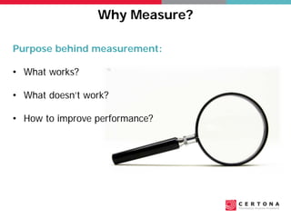 Why Measure?
Purpose behind measurement:
• What works?
• What doesn’t work?
• How to improve performance?
 